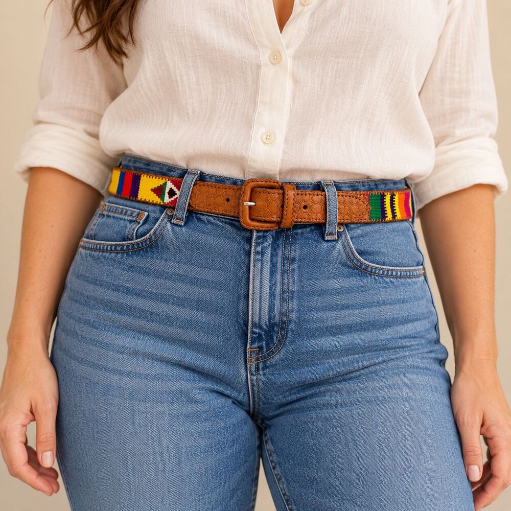 Vintage Omega Guatemalan Woven Leather Belt Large Multicolor Geometric Festival